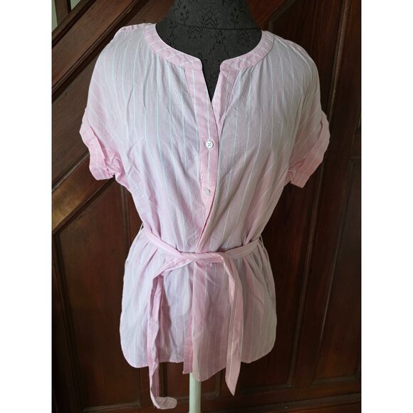 Talbots Womens Pink & White Striped Button-Up Blouse With Tie Waist Size M - Picture 1 of 6